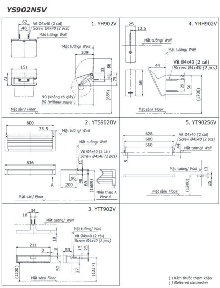 Bản vẽ kĩ thuật Bộ phụ kiện phòng tắm TOTO YS902N5V 5 Món