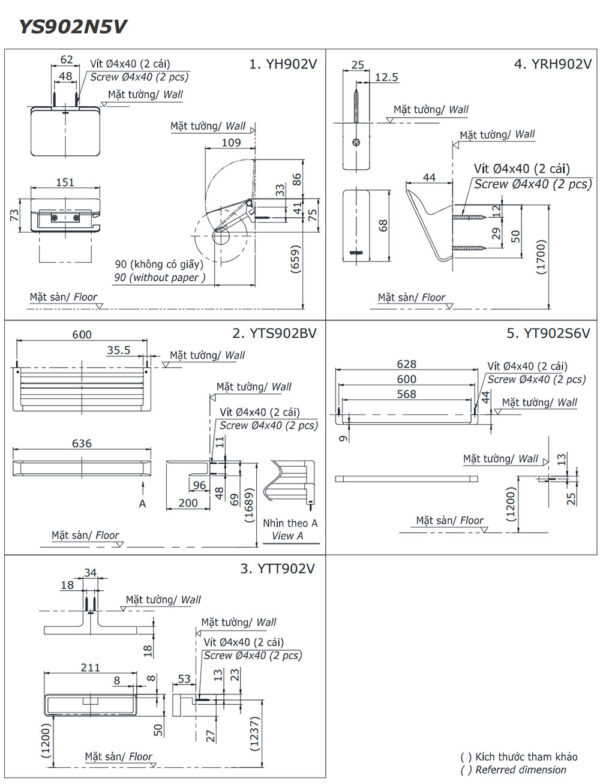 Bản vẽ kĩ thuật Bộ phụ kiện phòng tắm TOTO YS902N5V 5 Món