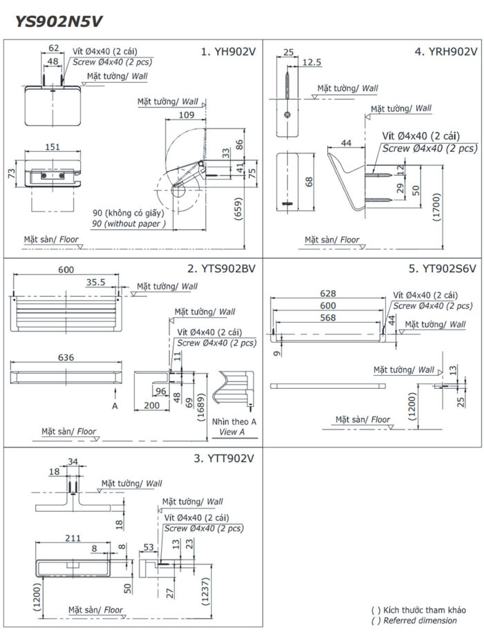Bản vẽ kĩ thuật Bộ phụ kiện phòng tắm TOTO YS902N5V 5 Món