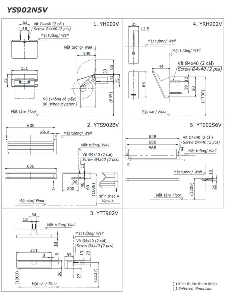 Bản vẽ kĩ thuật Bộ phụ kiện phòng tắm TOTO YS902N5V 5 Món