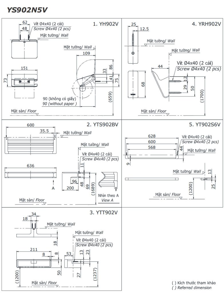 Bản vẽ kĩ thuật Bộ phụ kiện phòng tắm TOTO YS902N5V 5 Món