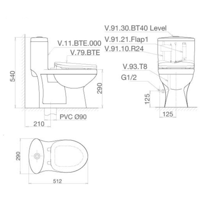 Bản vẽ kĩ thuật Bồn cầu 1 khối VIGLACERA BTE trẻ em nắp thường