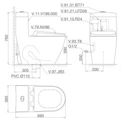 Bản vẽ kĩ thuật Bồn cầu 1 khối VIGLACERA V199 nắp êm