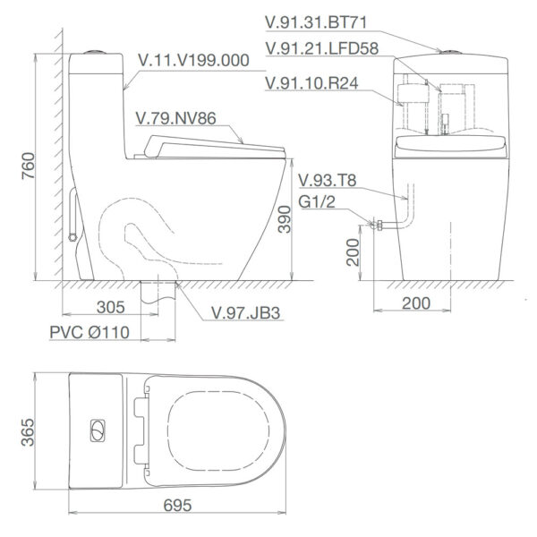 Bản vẽ kĩ thuật Bồn cầu 1 khối VIGLACERA V199 nắp êm