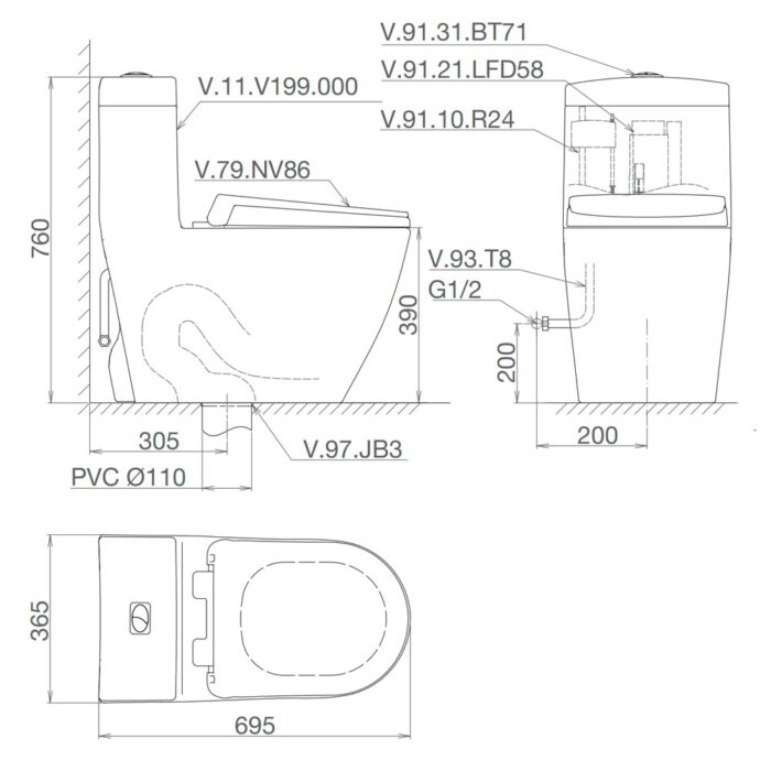 Bản vẽ kĩ thuật Bồn cầu 1 khối VIGLACERA V199 nắp êm