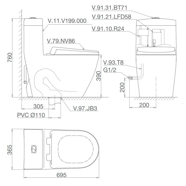 Bản vẽ kĩ thuật Bồn cầu 1 khối VIGLACERA V199 nắp êm
