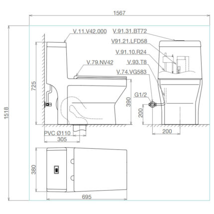 Bản vẽ kĩ thuật Bồn cầu 1 khối VIGLACERA V42 nắp êm