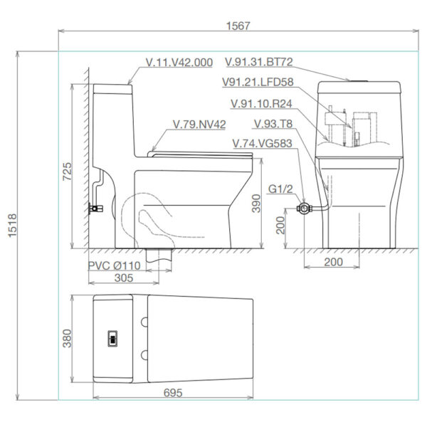 Bản vẽ kĩ thuật Bồn cầu 1 khối VIGLACERA V42 nắp êm