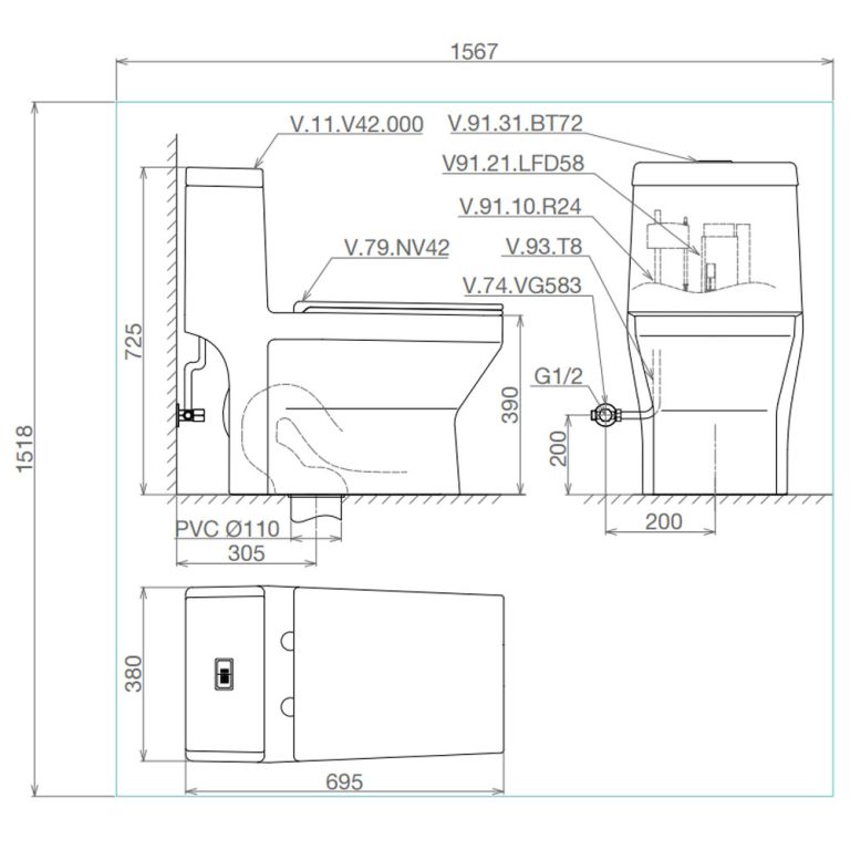 Bản vẽ kĩ thuật Bồn cầu 1 khối VIGLACERA V42 nắp êm