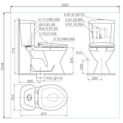 Bản vẽ kĩ thuật Bồn cầu 2 khối VIGLACERA VI66 nắp êm v116
