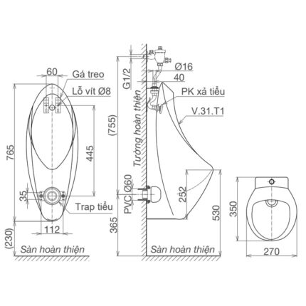 Bản vẽ kĩ thuật Bồn tiểu nam VIGLACERA T1 treo tường