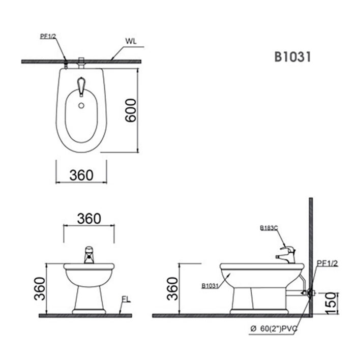 Bản vẽ kĩ thuật Bồn tiểu nữ CAESAR B1031 thoát ngang