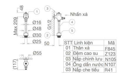 Bản vẽ kĩ thuật Van xả tiểu nam VIGLACERA VG845 VG845.1 (VGHX05) nhấn