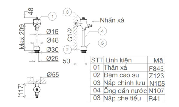 Bản vẽ kĩ thuật Van xả tiểu nam VIGLACERA VG845 VG845.1 (VGHX05) nhấn