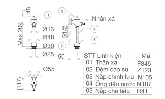 Bản vẽ kĩ thuật Van xả tiểu nam VIGLACERA VG845 VG845.1 (VGHX05) nhấn