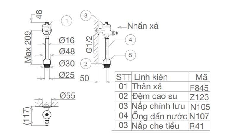 Bản vẽ kĩ thuật Van xả tiểu nam VIGLACERA VG845 VG845.1 (VGHX05) nhấn
