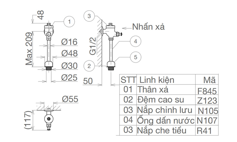 Bản vẽ kĩ thuật Van xả tiểu nam VIGLACERA VG845 VG845.1 (VGHX05) nhấn