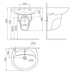 Bản vẽ kĩ thuật chậu lavabo VIGLACERA BS409 treo tường