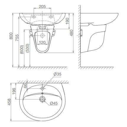 Bản vẽ kĩ thuật chậu lavabo VIGLACERA BS409 treo tường