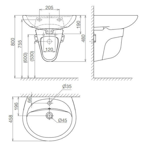 Bản vẽ kĩ thuật chậu lavabo VIGLACERA BS409 treo tường