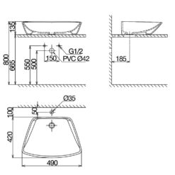 Bản vẽ kĩ thuật chậu lavabo VIGLACERA CD16 đặt bàn