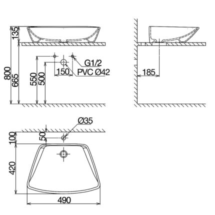Bản vẽ kĩ thuật chậu lavabo VIGLACERA CD16 đặt bàn