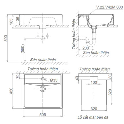 Bản vẽ kĩ thuật chậu lavabo VIGLACERA V42M đặt bàn