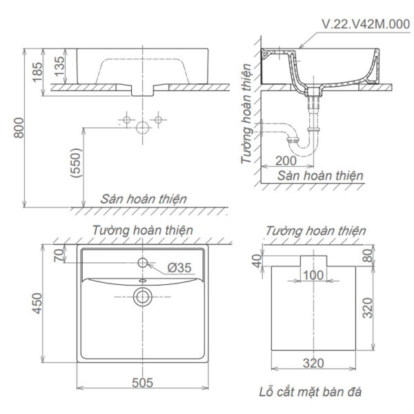 Bản vẽ kĩ thuật chậu lavabo VIGLACERA V42M đặt bàn