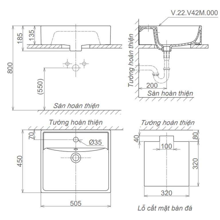 Bản vẽ kĩ thuật chậu lavabo VIGLACERA V42M đặt bàn