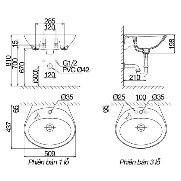Bản vẽ kĩ thuật chậu lavabo VIGLACERA VTL2 treo tường