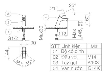 Bản vẽ kỹ thuật Vòi lavabo VIGLACERA VG103 nước lạnh