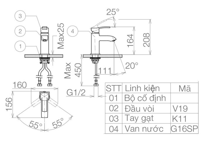 Bản vẽ kỹ thuật Vòi lavabo VIGLACERA VG111 nóng lạnh