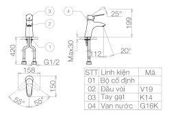Bản vẽ kỹ thuật Vòi lavabo VIGLACERA VG114 nóng lạnh