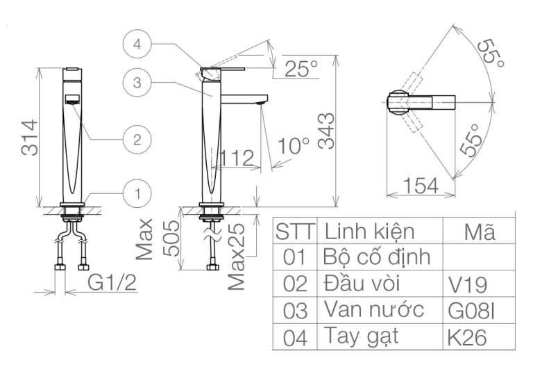 Bản vẽ kỹ thuật Vòi lavabo VIGLACERA VG126 cổ cao nóng lạnh