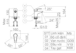 Bản vẽ kỹ thuật Vòi lavabo VIGLACERA VG168 nóng lạnh