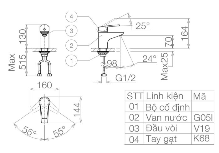 Bản vẽ kỹ thuật Vòi lavabo VIGLACERA VG168 nóng lạnh