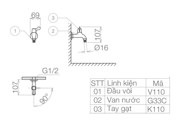 Bản vẽ kỹ thuật Vòi nước gắn tường VIGLACERA VG110 (VSD110) gắn tường