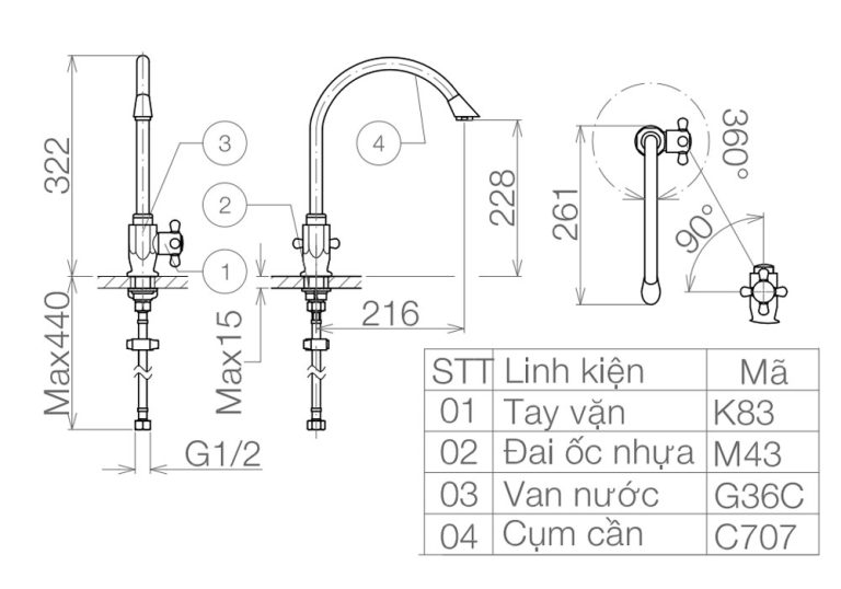Bản vẽ kỹ thuật Vòi rửa bát VIGLACERA VG707 nước lạnh