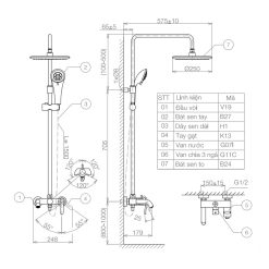 Bản vẽ kỹ thuật Vòi sen cây VIGLACERA VG581 nóng lạnh