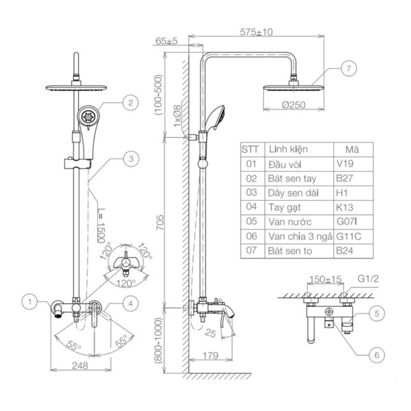 Bản vẽ kỹ thuật Vòi sen cây VIGLACERA VG581 nóng lạnh