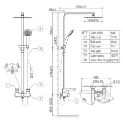 Bản vẽ kỹ thuật Vòi sen cây VIGLACERA VG593 nóng lạnh