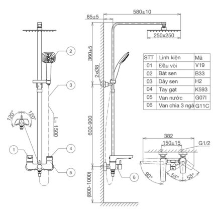 Bản vẽ kỹ thuật Vòi sen cây VIGLACERA VG593 nóng lạnh