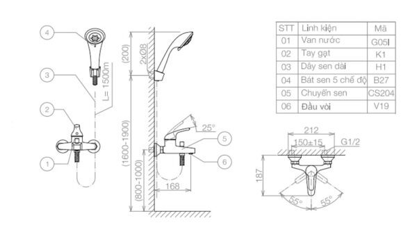 Bản vẽ kỹ thuật Vòi sen tắm VIGLACERA VG502 VG502.2 nóng lạnh