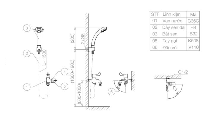 Bản vẽ kỹ thuật Vòi sen tắm VIGLACERA VG508 nước lạnh