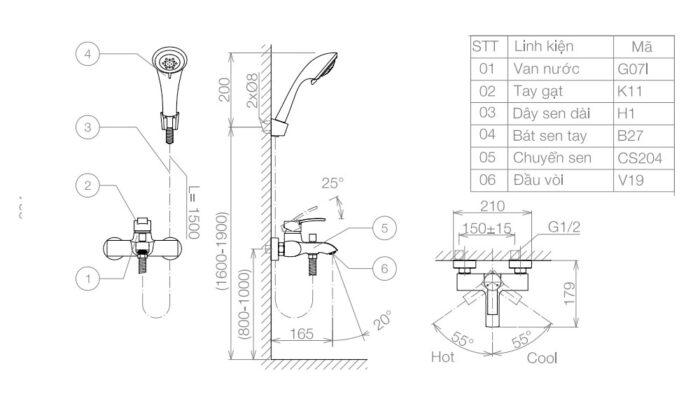 Bản vẽ kỹ thuật Vòi sen tắm VIGLACERA VG511 nóng lạnh