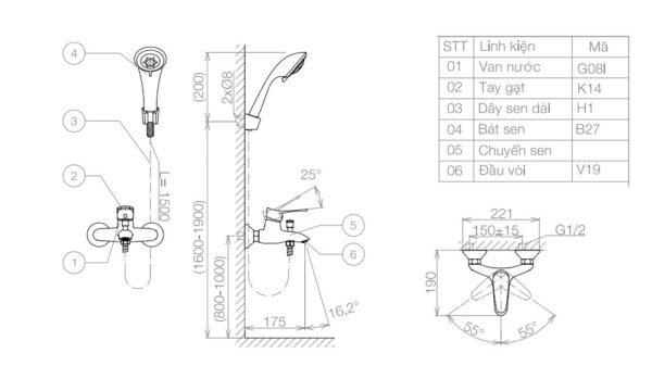 Bản vẽ kỹ thuật Vòi sen tắm VIGLACERA VG514 nóng lạnh