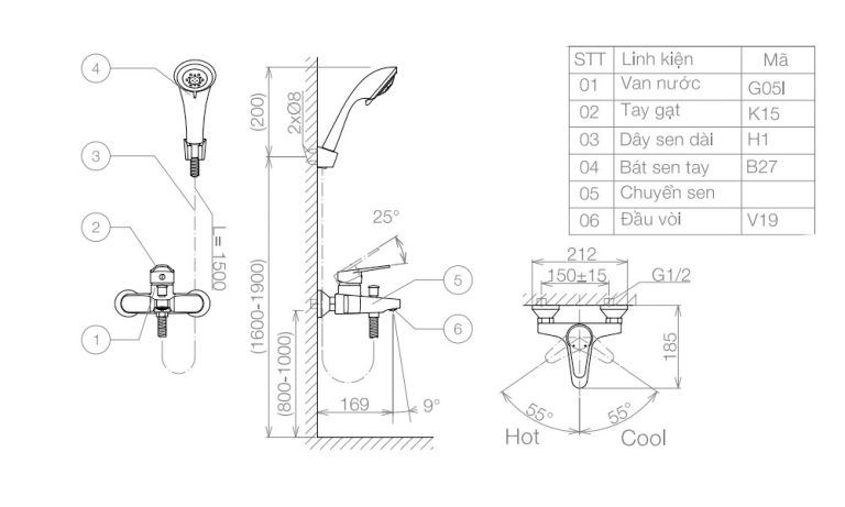 Bản vẽ kỹ thuật Vòi sen tắm VIGLACERA VG515 nóng lạnh