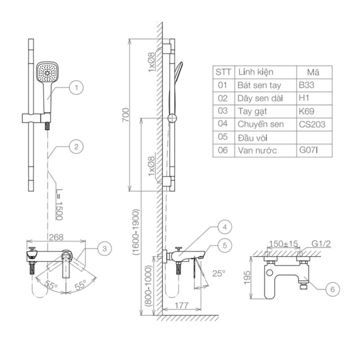 Bản vẽ kỹ thuật Vòi sen tắm VIGLACERA VG519 nóng lạnh