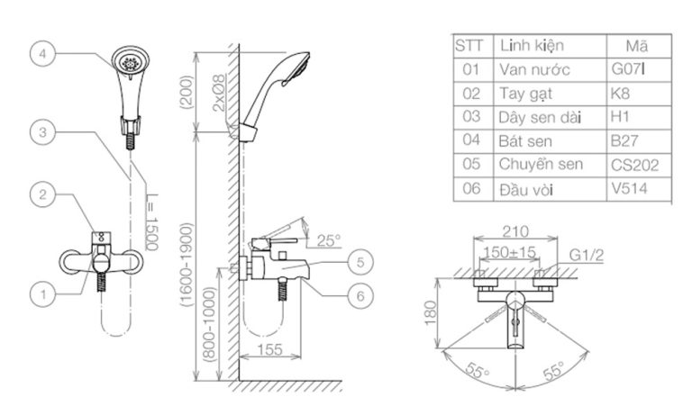Bản vẽ kỹ thuật Vòi sen tắm VIGLACERA VG541 nóng lạnh