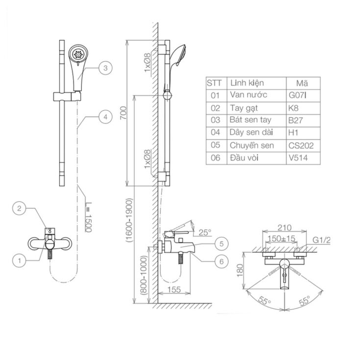 Bản vẽ kỹ thuật Vòi sen tắm VIGLACERA VG541.1 nóng lạnh